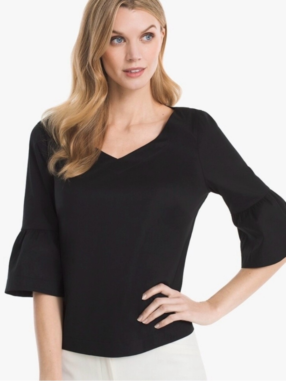 White House Black Market Black V-Neck Bell Sleeve Top